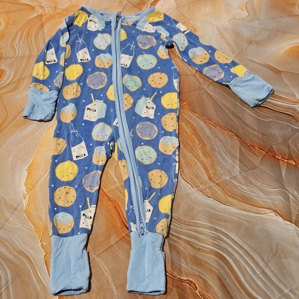 Little Sleepies Milk & Cookies Zippy 0-3M Blue Bamboo Pajamas